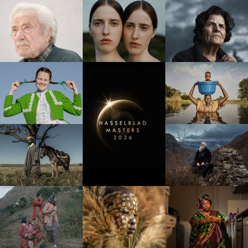 A 3x3 grid of diverse photos: elderly man, two women close together, elderly woman, smiling woman in green, solar eclipse with "Hasselblad Masters 2026," child in water with basket, person with donkeys, elderly man on rocks, women in colorful clothing.