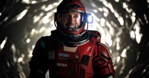 A person wearing a red NASA spacesuit and helmet with a headlamp stands smiling in front of a swirling, metallic, tunnel-like background.