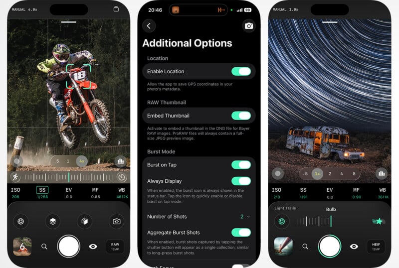  the first screen captures a motocross rider mid-jump, the second displays advanced photo settings, and the third shows a long-exposure shot with star trails above a bus.