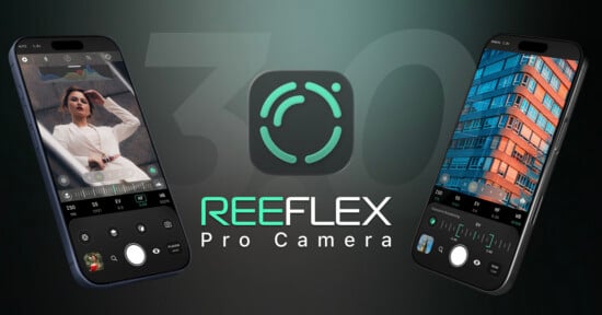 Two smartphones display the REEFLEX Pro Camera app, showing a portrait and an architectural photo. The app logo and "REEFLEX Pro Camera" are centered over a dark background with a faint "3.0" behind the logo.
