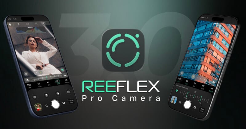 Two smartphones display the REEFLEX Pro Camera app, showing a portrait and an architectural photo. The app logo and "REEFLEX Pro Camera" are centered over a dark background with a faint "3.0" behind the logo.
