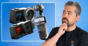 A man with gray hair and a beard looks thoughtfully at a floating collage of action cameras, including GoPros and a DJI Pocket, set against a blue, pixelated background.