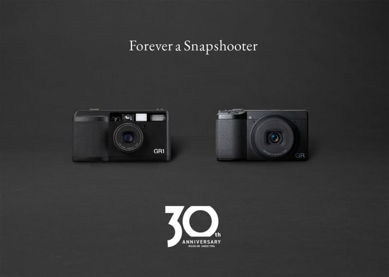 Two compact Ricoh cameras are displayed side by side against a dark background with the text "Forever a Snapshooter" above and "30th Anniversary" below.