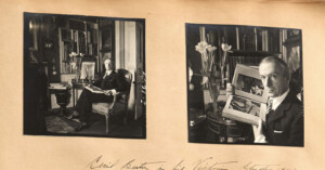 Two black-and-white photos of a man in a suit sitting in a book-filled room; in one, he sits facing the camera with an open book, in the other he holds up an open book or album toward the viewer.