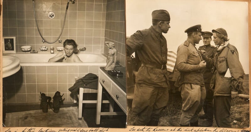  left side shows a person taking a bath in a tiled bathroom with boots on the floor; right side shows four soldiers in uniform talking outdoors. Handwritten captions are visible below both images.