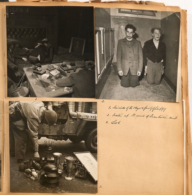  two men lying over a desk, two men kneeling against a wall, and a soldier inspecting assorted items on the street. Handwritten notes appear on the right.