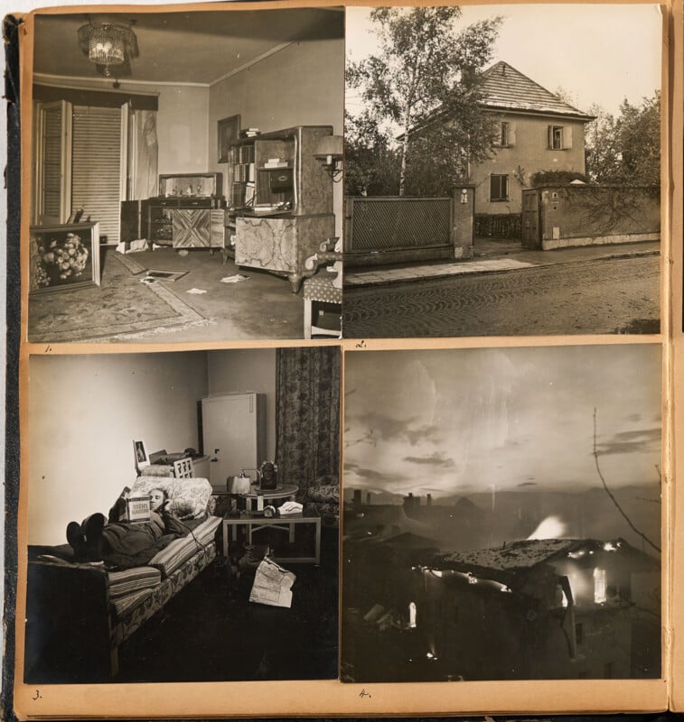  a living room, a house exterior, a person resting in a cluttered room, and a building on fire at night.