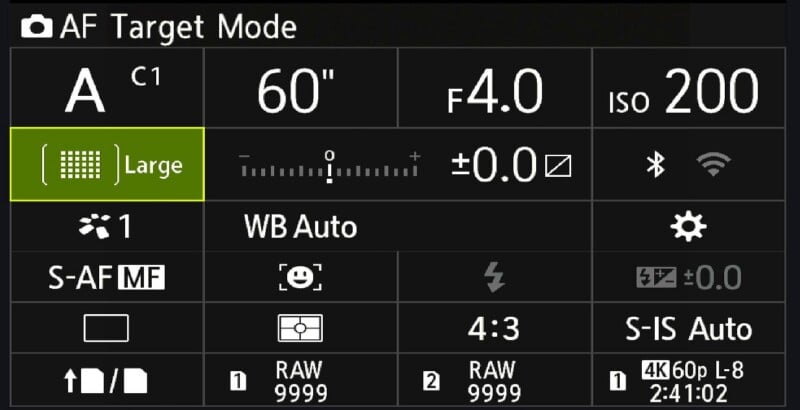 Camera settings display shows: Aperture Priority mode, 60-second shutter, f/4, ISO 200, large AF target, exposure ±0.0, auto white balance, RAW format, and 4K video 60p, 2 hours 41 min left.