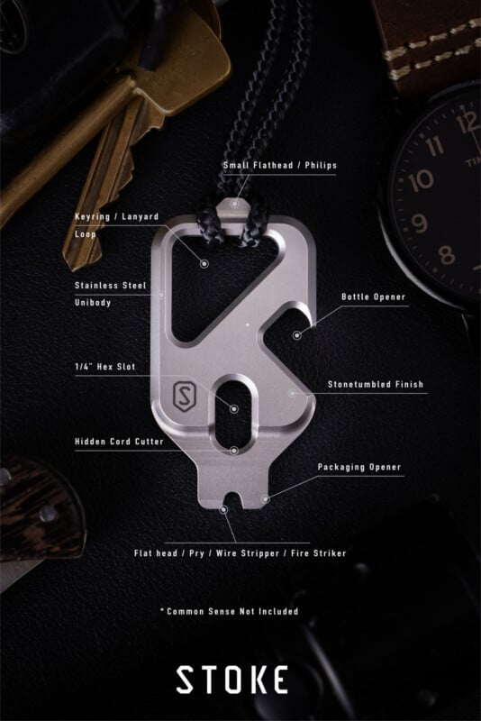 A multi-tool hangs from a cord on a dark surface, with labeled features including a bottle opener, packaging opener, hex slot, cord cutter, keyring loop, and flathead/Philips tips. "STOKE" is written at the bottom.