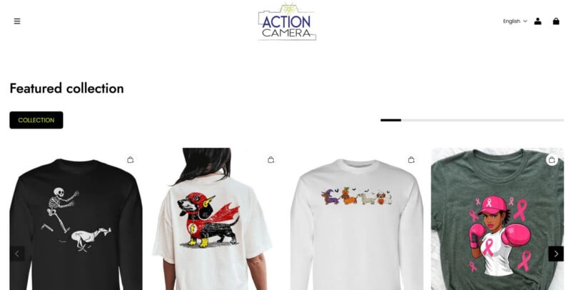 Captura de pantalla de una tienda online llamada Action Camera. La colección seleccionada muestra cuatro camisetas: una camiseta negra con una calavera, una camiseta blanca con un perro salchicha superhéroe, una camiseta blanca con un perro de dibujos animados y una camiseta gris con un boxeador con guantes rosas.