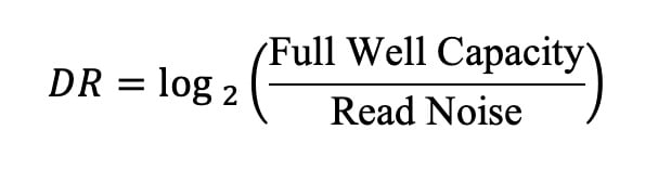 Mathematical formula: DR equals log base 2 of the ratio of Full Well Capacity to Read Noise.
