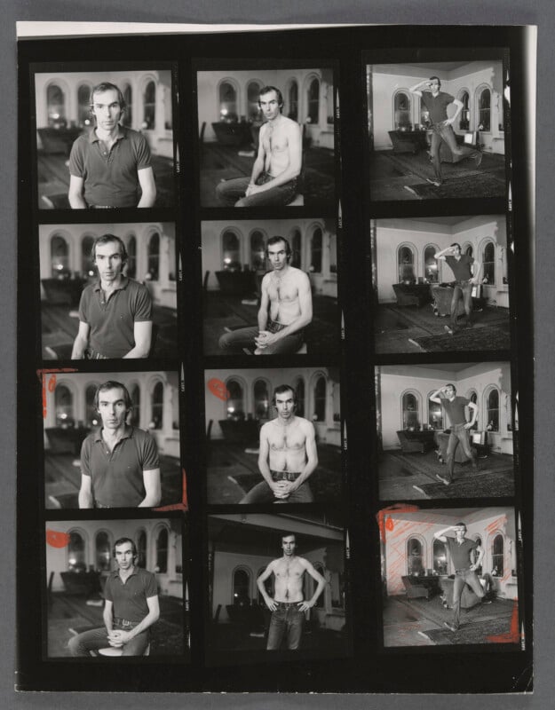 A black-and-white contact sheet of twelve portrait photos featuring a man in various poses, both shirtless and clothed, in an indoor setting with arched windows and patterned floors.