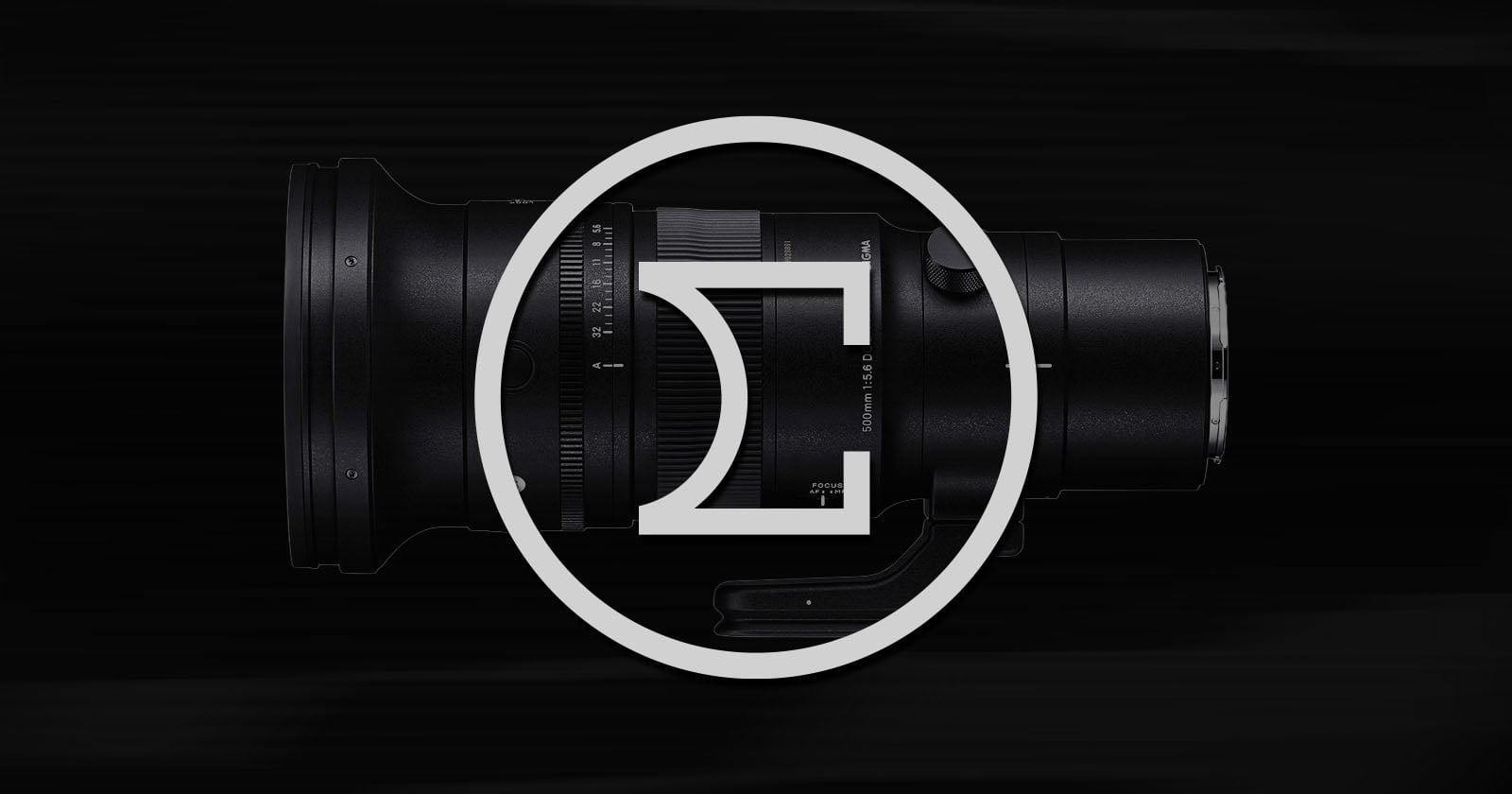 A black camera lens is positioned horizontally on a dark background, with a large white Sigma logo superimposed over the center of the image.