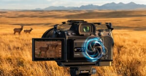A digital camera on a tripod captures two elk standing in a golden grassy field, with mountains in the distance; the camera’s screen displays a zoomed-in view of the elk.