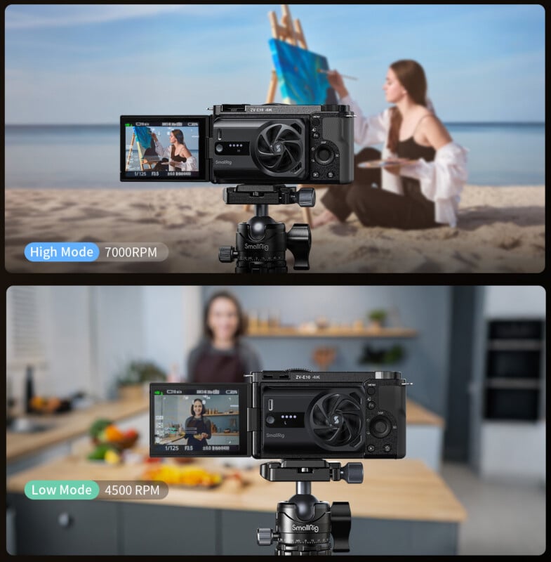 Two camera setups show a woman painting on a beach (top, labeled "High Mode 7000RPM") and a woman in a kitchen (bottom, labeled "Low Mode 4500RPM"), both viewed through a camera screen on a tripod.