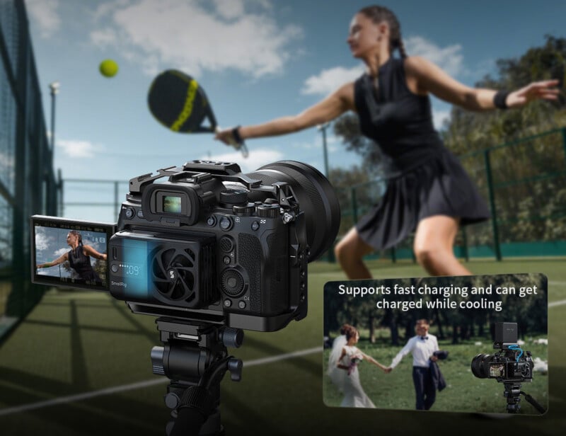 A digital camera on a tripod records a female tennis player in action on a court; an inset shows the camera filming a couple and highlights its fast charging and cooling features.