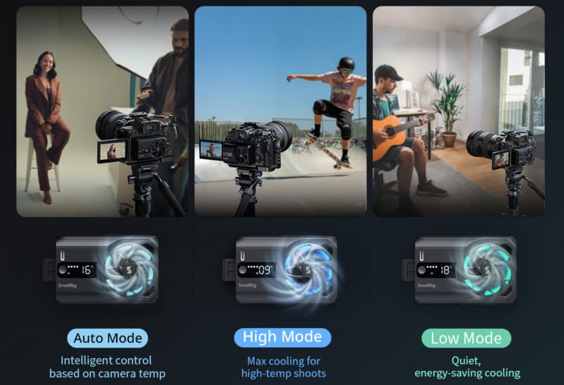Three cameras on tripods in different settings showcase cooling modes: a studio with Auto Mode, an outdoor skateboarder with High Mode, and a man playing guitar indoors with Low Mode; cooling fans appear below each scene.