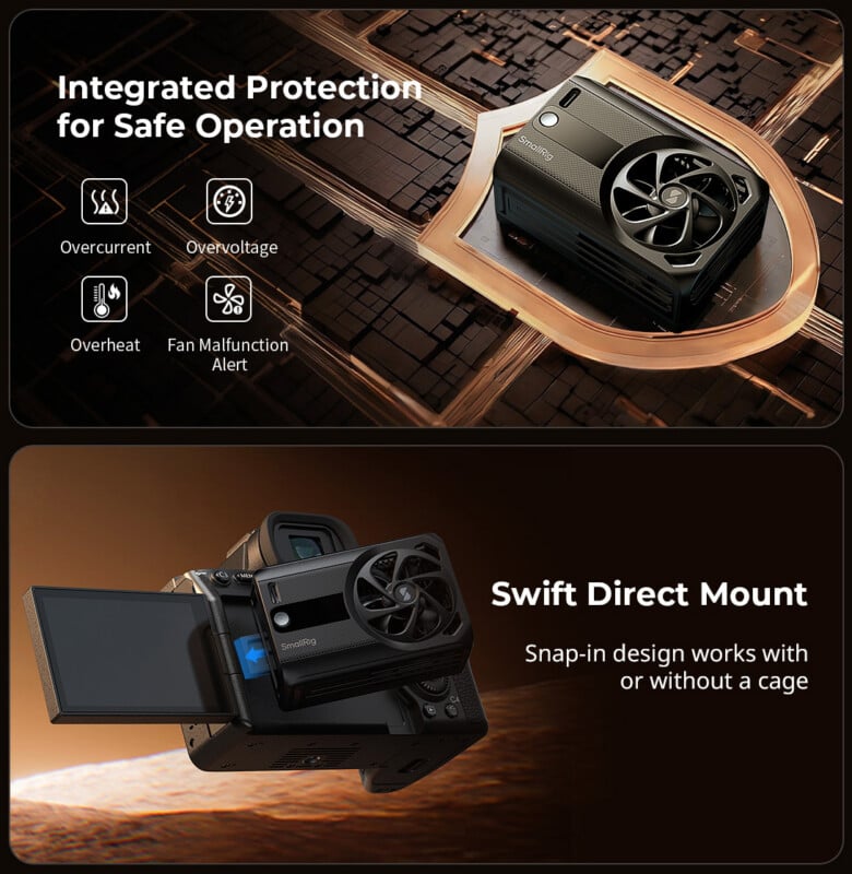 A camera cooling device is shown with icons for overcurrent, overvoltage, overheat, and fan malfunction alerts. Another image shows the device snapped onto a camera with its display open. Text highlights integrated protection and swift mounting.