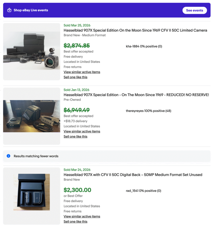 Screenshot of three eBay listings for Hasselblad 907X cameras, featuring photos of the cameras and accessories. Prices range from $2,300 to $2,875, with item descriptions, seller info, and green “Sold” labels.