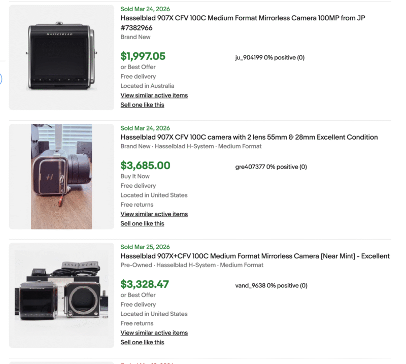 Screenshot of three Hasselblad 907X CFV 100C medium format camera listings on eBay, each showing images, sold prices ranging from $1,997 to $3,685 USD, and brief descriptions of included accessories.