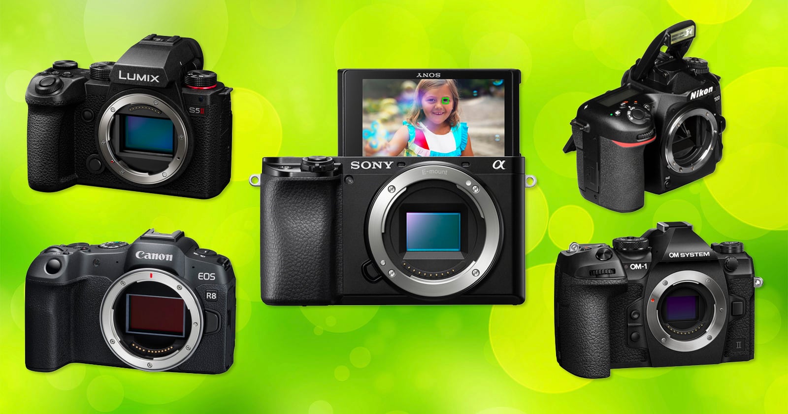 Five different digital cameras are displayed against a bright green background. The center camera’s screen shows a young girl smiling, while the other cameras surround it, facing various angles.