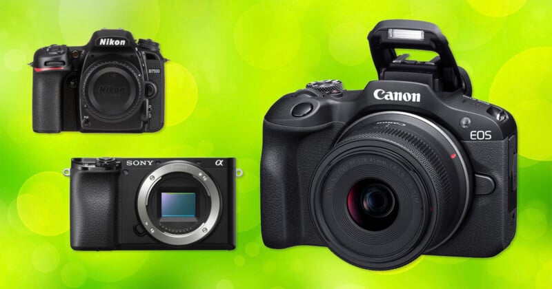 Three digital cameras on a green background: a large Canon EOS camera on the right, a Nikon DSLR on the top left, and a compact Sony Alpha camera without a lens on the bottom left.