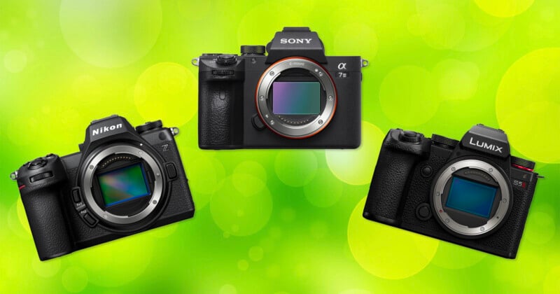 Three mirrorless camera bodies—Nikon Z, Sony Alpha, and Panasonic Lumix—are displayed against a bright green bokeh background, each camera facing forward with no lenses attached.