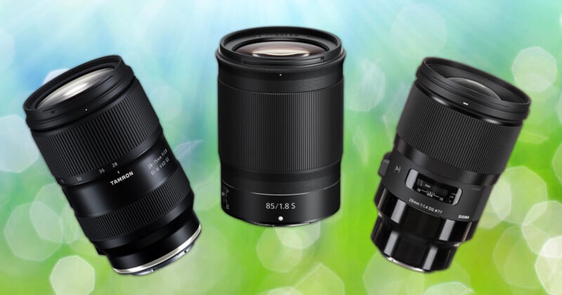 Three camera lenses—Tamron, Nikon 85mm f/1.8 S, and Sigma—are displayed on a bright, colorful background with light rays and circular bokeh effects.