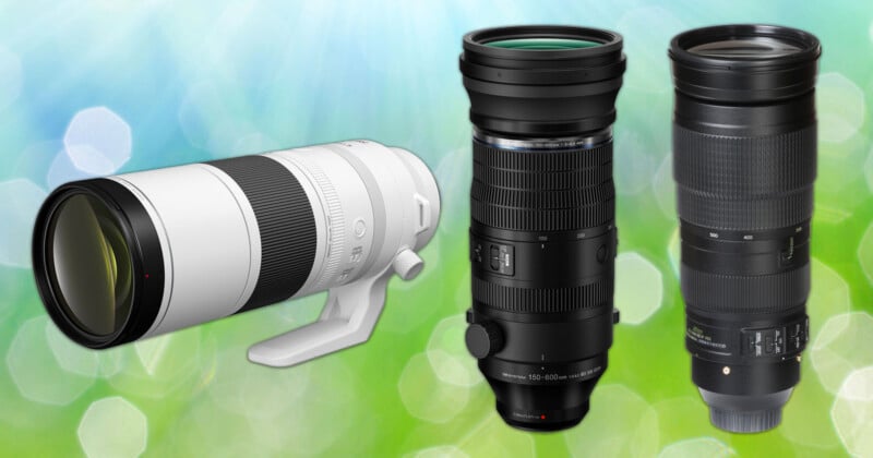 Three telephoto camera lenses are displayed upright against a bright, blurred background with green and blue hues and light bokeh effects. The lenses are white, black, and dark gray in color.