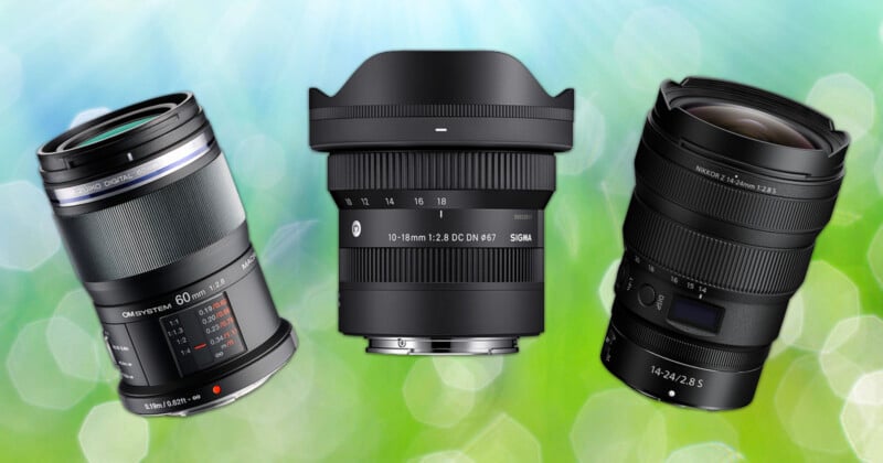 Three camera lenses are displayed upright against a green background with bokeh light effects. The lenses vary in size and shape, with visible brand labels and focal length markings on each lens barrel.
