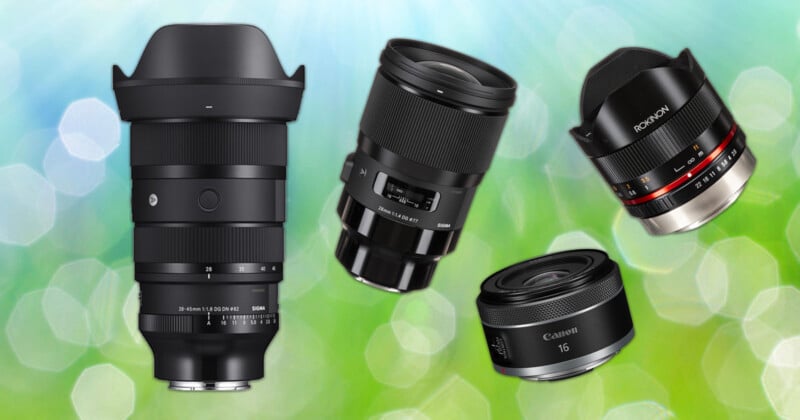 Four camera lenses from different brands are displayed against a bright, blurred background with green and blue hues and light bokeh circles.