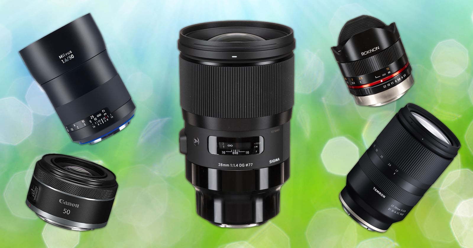 Five camera lenses of different brands and sizes are displayed against a bright, blurred green and blue background with circular light effects. The largest lens is centered, surrounded by four smaller lenses.