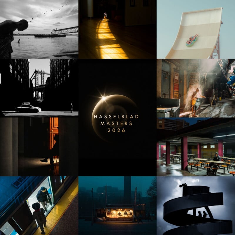A 3x3 grid of artistic photographs; center is a “Hasselblad Masters 2026” logo. Other images feature urban and street scenes, dramatic light and shadow, and people in various public environments.