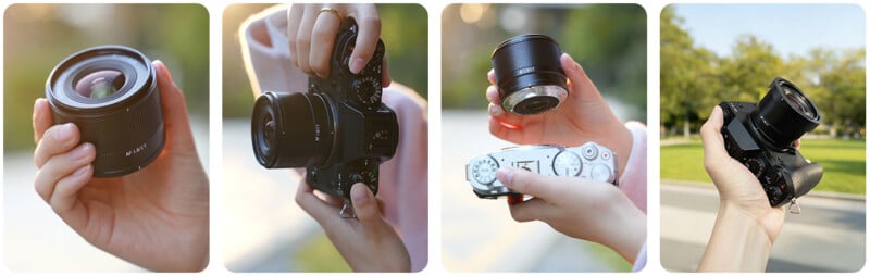 Four images show close-ups of hands holding camera equipment, including camera lenses and cameras, with outdoor backgrounds and soft natural light.