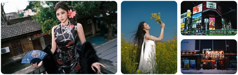  a woman in a floral dress with a fan and flower in her hair, a woman in a field holding yellow flowers, vibrant city billboards at night, and a lit-up street restaurant at night.