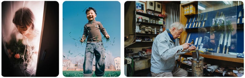 A child in plastic wrap holding flowers, a boy throwing grass in the air, and an elderly man working with tools in a shop filled with knives.