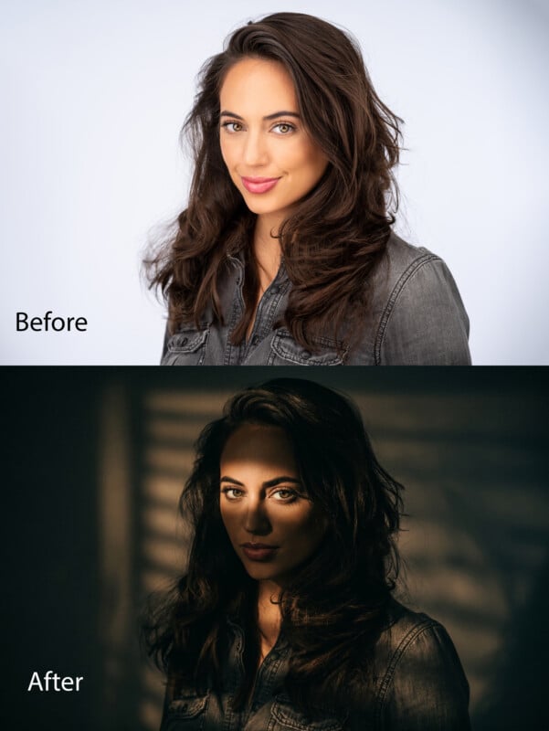 A woman with long dark hair wearing a denim shirt is shown in two photos: the top is brightly lit with a plain background; the bottom has dramatic shadows and warm lighting highlighting her face. Text reads "Before" and "After.