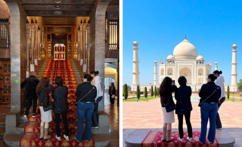 Two side-by-side photos show a group of people facing away from the camera. On the left, they stand at the bottom of a grand staircase indoors; on the right, they face the Taj Mahal outdoors under a clear blue sky.