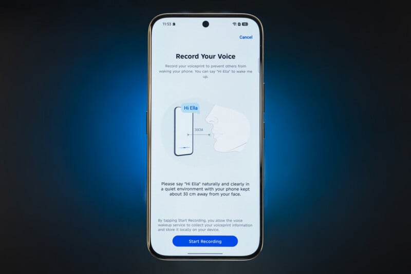 A smartphone screen displays instructions for recording a voice prompt, showing a graphic of a person speaking to the phone and a blue “Start Recording” button at the bottom.