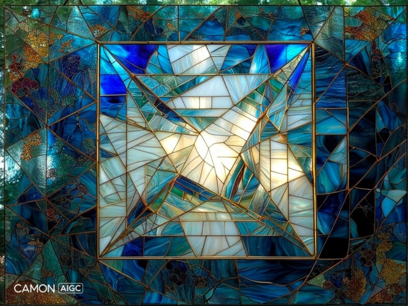 A stained glass artwork featuring geometric shapes in shades of blue, white, and gold, with a complex, abstract design and intricate lines forming a symmetrical pattern within a square frame.
