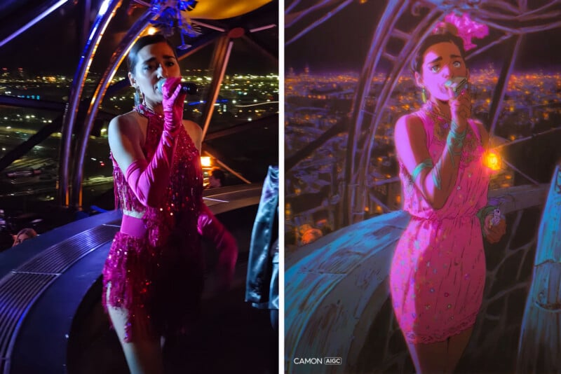 A woman in a sparkly pink dress sings into a microphone on a stage with city lights behind her. The image is split: the left side is a photo, and the right side is a stylized digital illustration of the same scene.