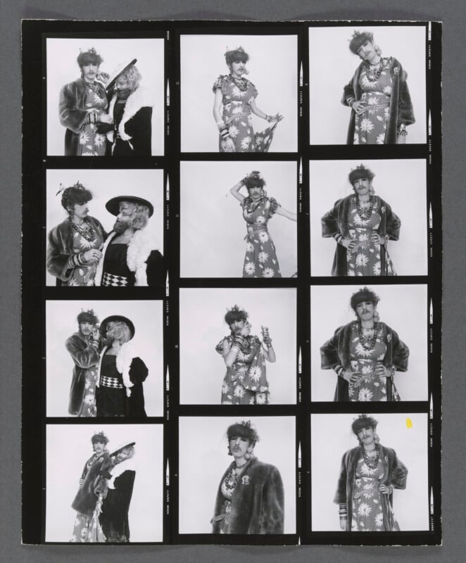 A black-and-white contact sheet with twelve photos of a person wearing a floral dress, fur coat, and hat, posing with expressive gestures, sometimes with another person in similar attire. The background is plain.