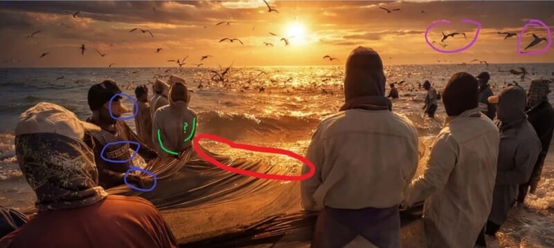 A group of people in hooded clothing stand on a beach at sunset, pulling in fishing nets from the shore. Seagulls fly overhead, and the sun reflects off the waves. Colored circles highlight different areas of the image.