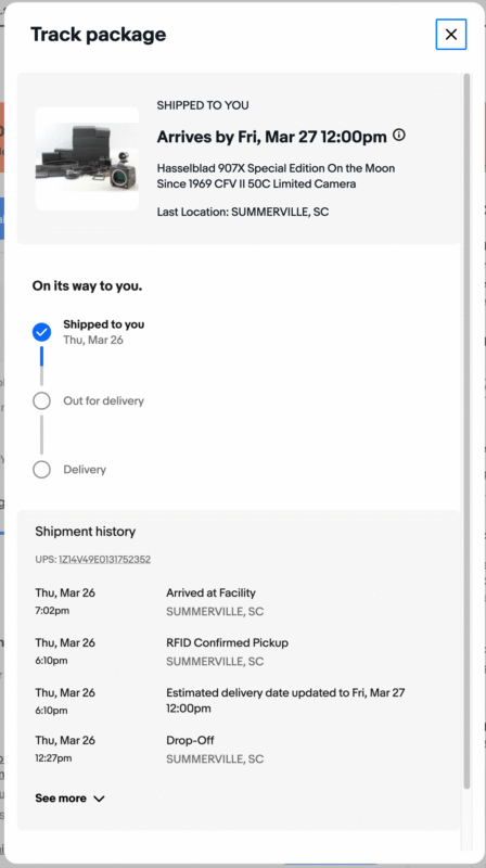 00pm in Summerville, SC, with shipment history and tracking updates listed below.