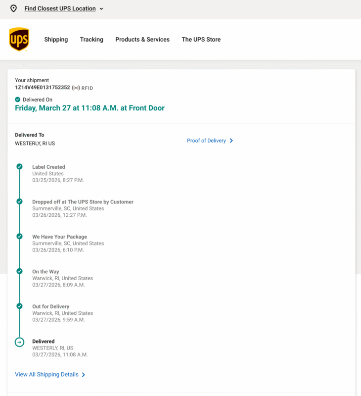 08 A.M. to the front door in Westerly, RI. The timeline lists shipment events from label creation to delivery.