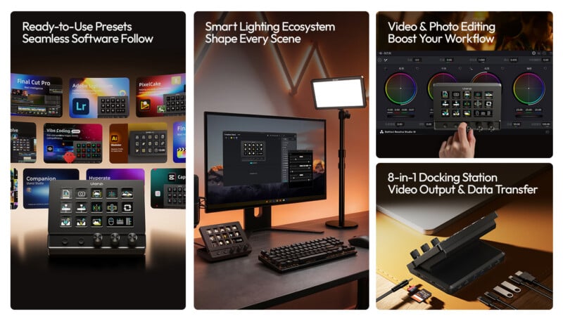A promotional image showing four panels: presets for software control, a smart lighting ecosystem on a desk with a monitor and LED light, video/photo editing tools, and an 8-in-1 docking station for video output and data transfer.