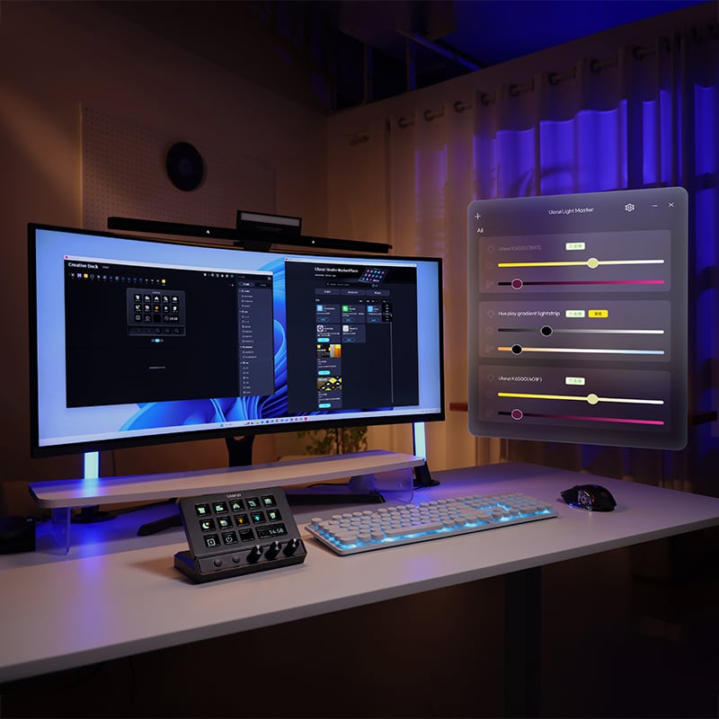 Modern streaming setup with a curved monitor displaying control software, an illuminated RGB keyboard, a control pad, and adjustable LED lighting, with a floating settings interface visible in a softly lit room.
