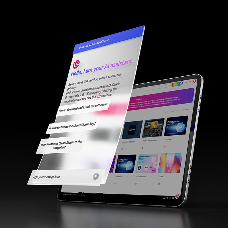 A tablet displays a website with colorful cards. A semi-transparent chat window with an AI assistant appears in the foreground, showing a greeting message and several collapsible help options. Black background.