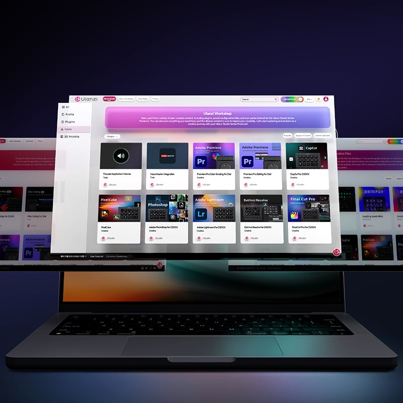 A laptop with an illuminated keyboard displays a colorful website interface featuring cards for various creative software and tutorials, including Adobe Premiere Pro and CapCut, against a dark background.