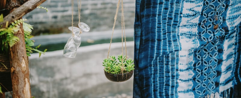 A small succulent planted in a coconut shell planter and an upside-down glass hang by twine next to a blue and white patterned fabric outdoors.